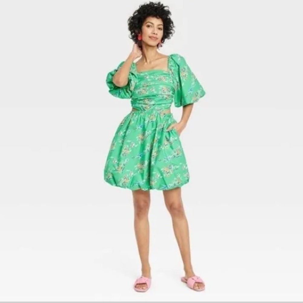a new day Green Floral Puff-Sleeve Mini Dress